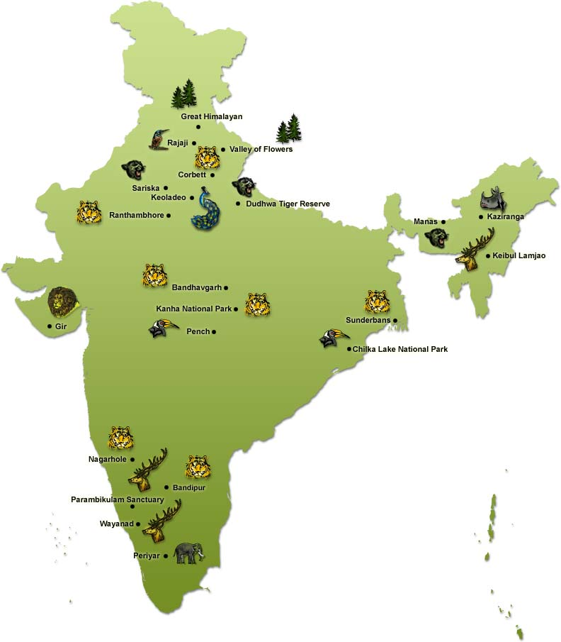 Outline Map of India  Showing National Parks