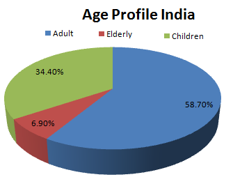 age profile Indian population pie chart